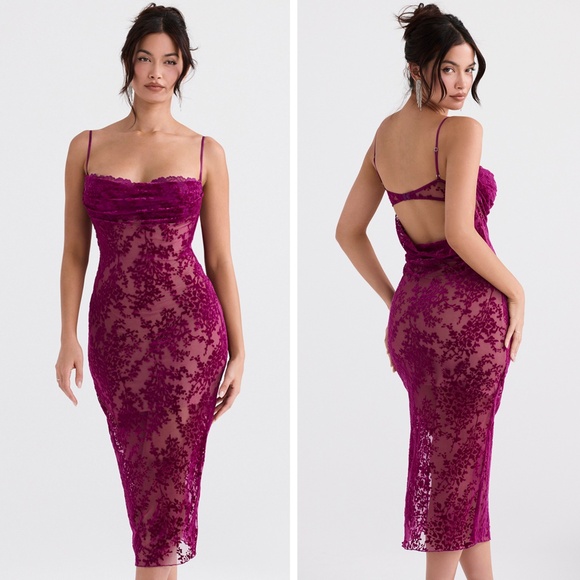 NEW House of CB Ione Devore Dress Cranberry Large+ (XL) - Picture 6 of 17